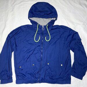Olive & Oak Blue hooded Windbreaker Gray Lined Full Zip Drawstring Hood Jacket M